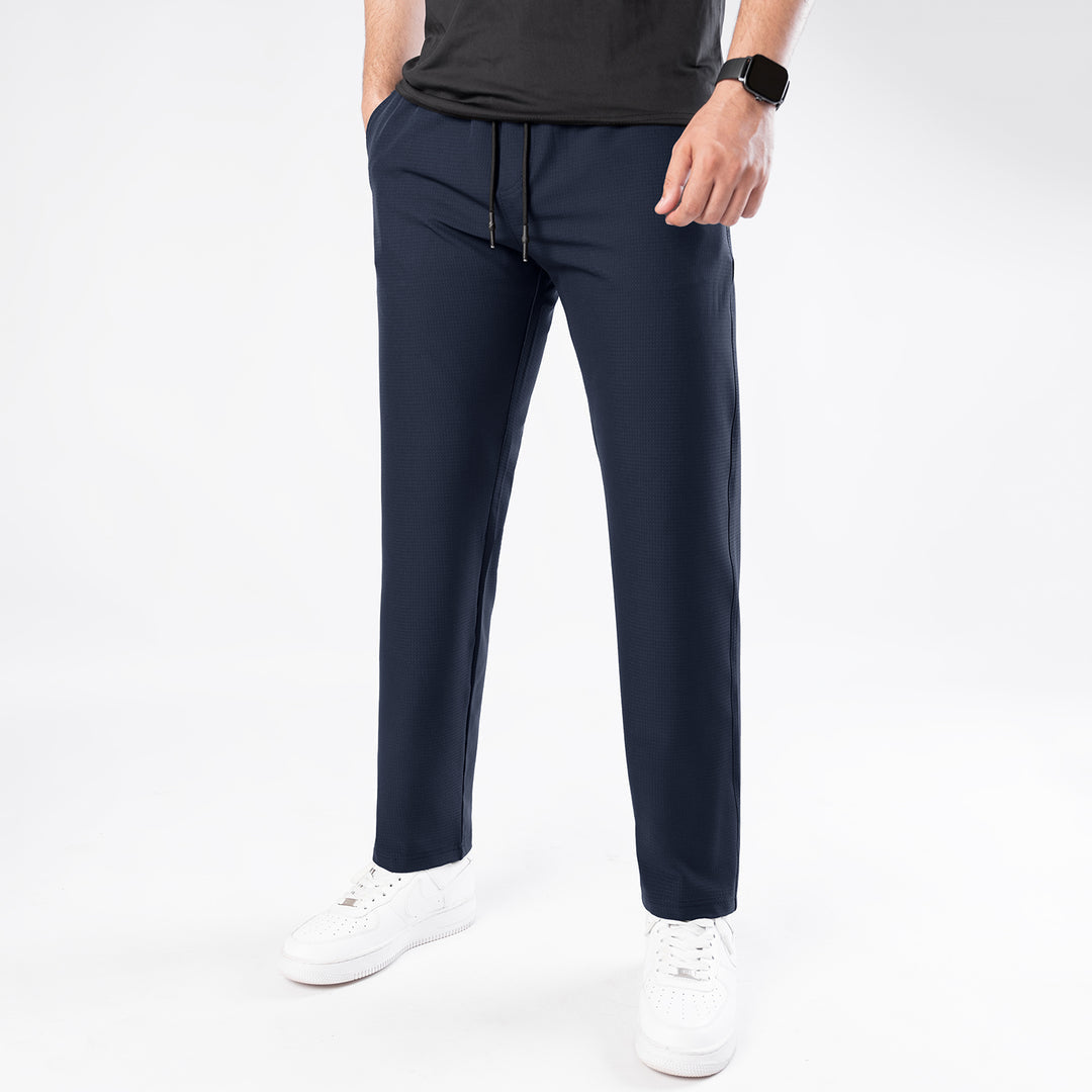 Dark Navy Woven Lycra Self Textured Straight Pants