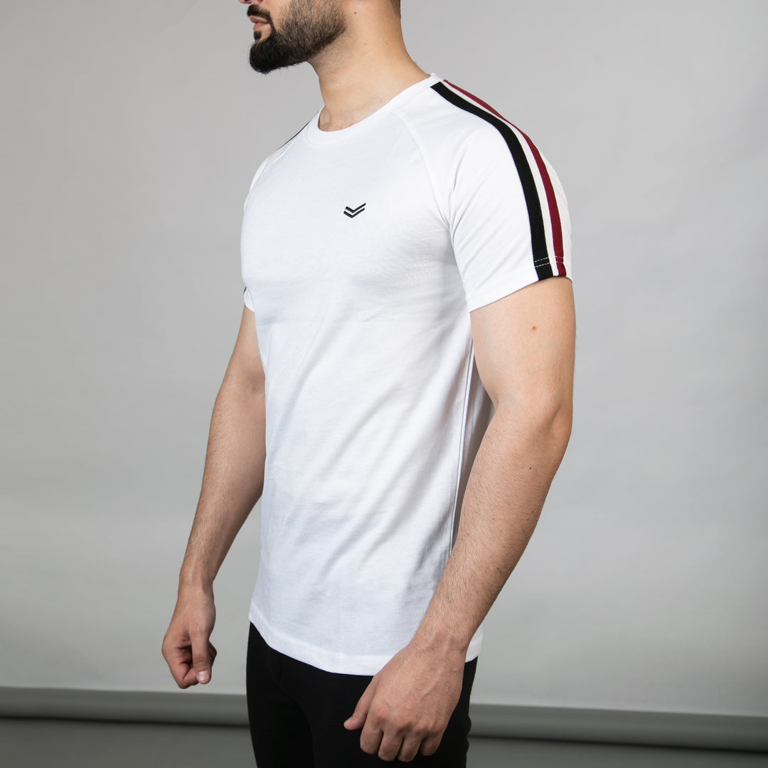 White T-Shirt with Black & Red Shoulder Stripes